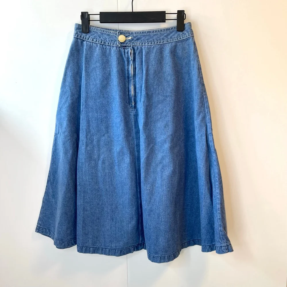 Vintage 70s A-Line Denim Midi Skirt Utility Pockets, Adjustable Waist 26-27” (S) - Picture 4 of 10